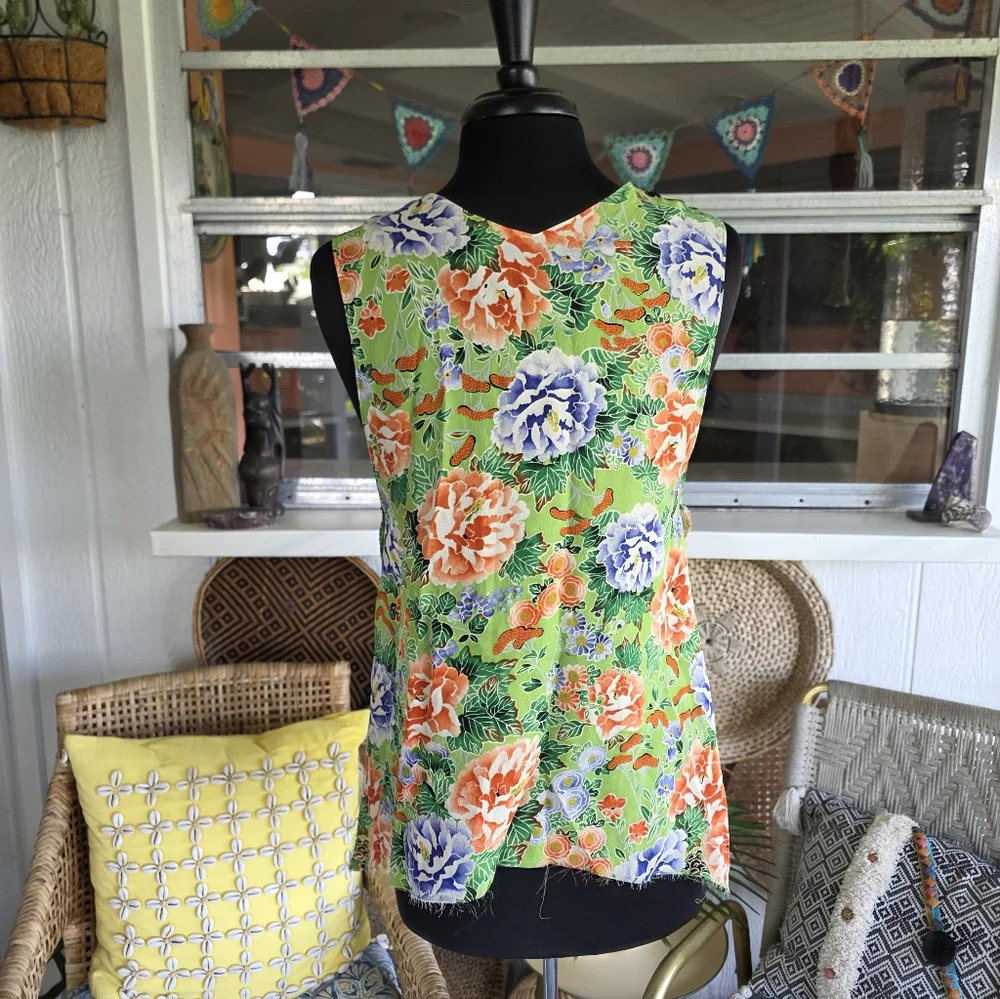 Reformation OS Sheer Hi-lo Tank Top Resortwear Green Orange Floral Bohochic